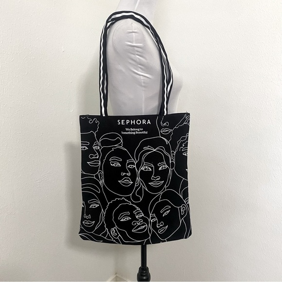 SEPHORA Large Canvas Tote Bag Graphic Outlines of Faces Black and White NWOT - Picture 1 of 8
